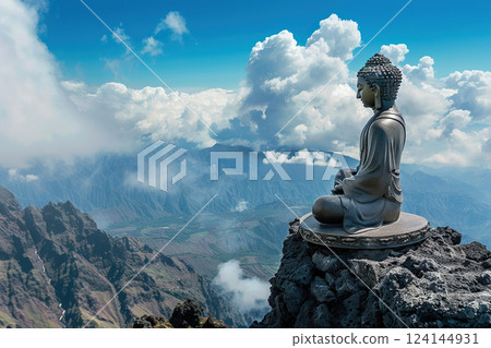 Ancient statue great Buddha on bright holiday composition, abstract vivid composition consists of fictional unreal fantastic vision on background 124144931