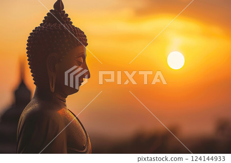Ancient statue great Buddha on bright holiday composition, abstract vivid composition consists of fictional unreal fantastic vision on background 124144933