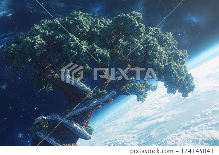 Floating tree city in space showcases futuristic architecture amid the cosmos Floating tree city in space showcases futuristic architecture amid the cosmos 124145041