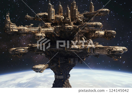 Floating tree city in space showcases futuristic architecture amid the cosmos Floating tree city in space showcases futuristic architecture amid the cosmos 124145042