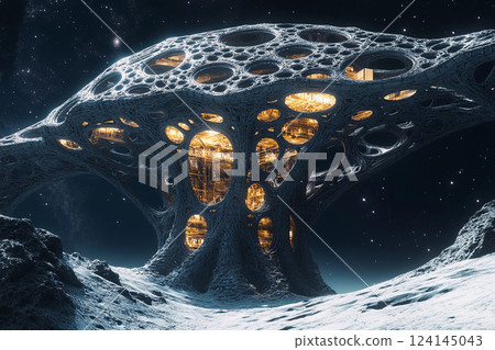 Floating tree city in space showcases futuristic architecture amid the cosmos Floating tree city in space showcases futuristic architecture amid the cosmos 124145043