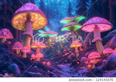 Vibrant glow of neon mushrooms under a starry night sky in a mystical forest landscape 124145076