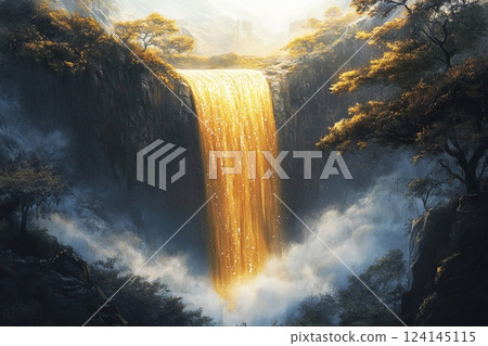 Majestic waterfall cascades golden water into serene pool surrounded by lush greenery during a tranquil afternoon 124145115