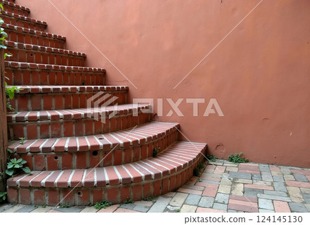 地面上的舊粘土：用風化的紅色粘土和粘土圖案製成的牆壁和平台結構，非常適合建築圖紙和帶有圖案的設計項目 124145130