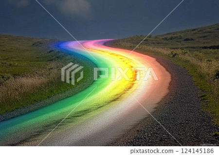 Colorful rainbow road stretches through green hills under a clear blue sky 124145186