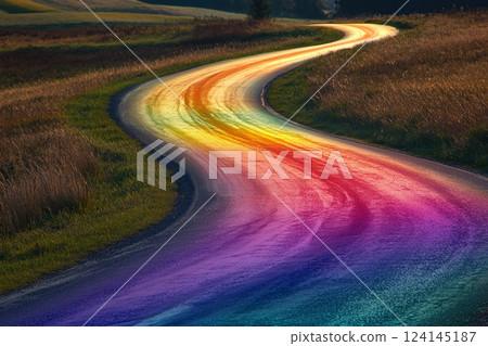Colorful rainbow road stretches through green hills under a clear blue sky 124145187