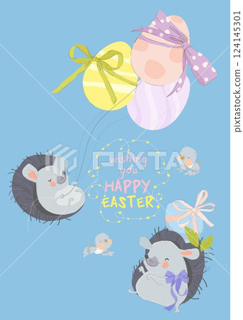 Happy Easter Greeting Card with Cute Hedgehogs and Easter Eggs Happy Easter Greeting Card with Cute Hedgehogs and Easter Eggs 124145301