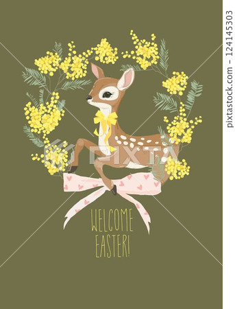 Cute Little Fawn standing in Wreath of Mimosa 124145303