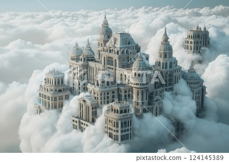 City of clouds with towering skyscrapers and serene blue sky at sunset City of clouds with towering skyscrapers and serene blue sky at sunset 124145389