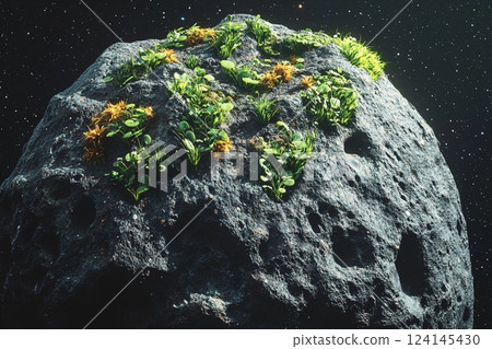 Rocky asteroid with vibrant plant life thriving in outer space environment 124145430