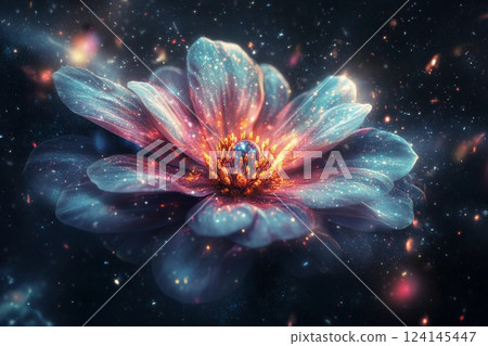 Cosmic flower blooms in vibrant colors against a starry galaxy background 124145447