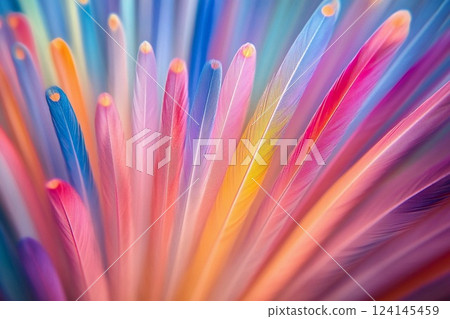 Colorful feathers arranged in a vibrant display at a craft market 124145459