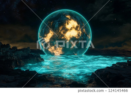 Vivid ocean waves illuminated by a bright azure celestial body at night 124145466