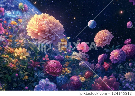 Blooming planet full of vibrant flowers set against a cosmic backdrop 124145512