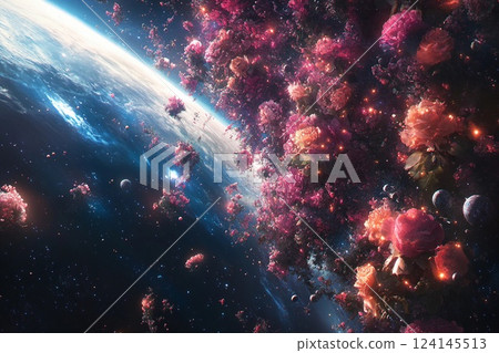 Blooming planet full of vibrant flowers set against a cosmic backdrop 124145513