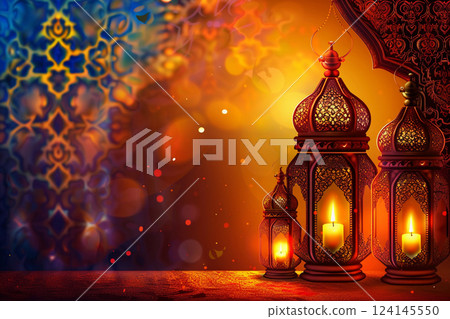 Beautiful greeting card with holiday composition for happy celebrate Ramadan, abstract vivid composition consists of fictional unreal fantastic vision on background 124145550