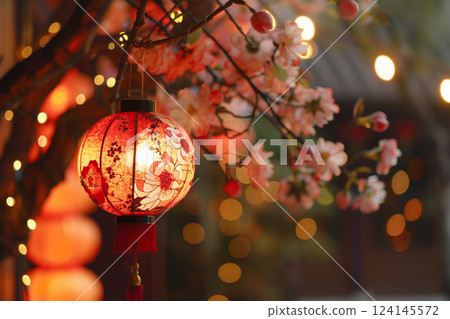 Beautiful holiday composition for happy celebrate chinese festival of lanterns, abstract vivid composition consists of fictional unreal fantastic vision on background 124145572