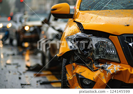 Collision of vehicles involved in major accident on city road with major damage, abstract vivid composition consists of fictional unreal fantastic vision on background 124145599