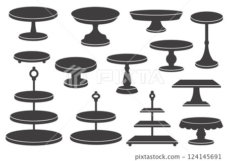 Cake stand silhouettes. Trays and platters for tea and desert serving. Vector flat illustrations on white background. Simple black displays for food and pastry. Birthday and wedding serving decor 124145691