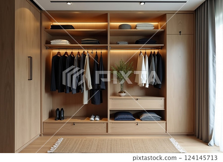 現代公寓裝飾 - 天然木材、中性色調、柔和的燈光和手工製作的細節，營造出逼真的外觀 124145713