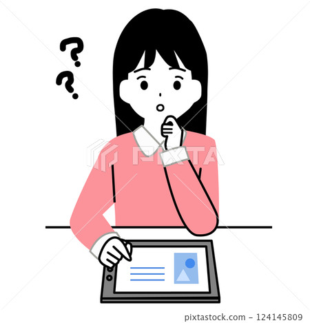 Illustration of a girl who has a question while studying on a tablet 124145809