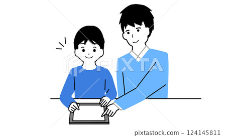 圖解：一個男孩在平板電腦上學習，他的父親在教他 124145811