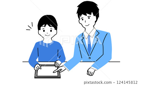 Illustration of a boy studying on a tablet and a male teacher teaching him Illustration of a boy studying on a tablet and a male teacher teaching him 124145812