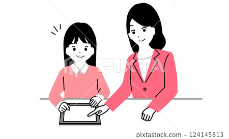 Illustration of an elementary school student studying on a tablet and a female teacher teaching Illustration of an elementary school student studying on a tablet and a female teacher teaching 124145813