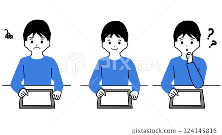 Facial expression set of a boy studying using a tablet device Facial expression set of a boy studying using a tablet device 124145816