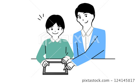 Illustration of a father teaching a boy studying on a tablet 124145817