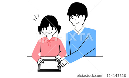 Illustration of a father teaching a girl studying on a tablet 124145818