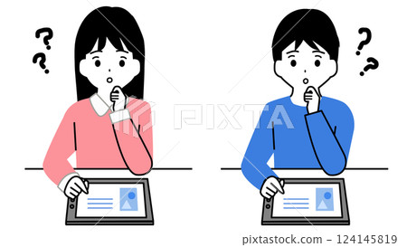 Illustration set of boys and girls thinking while studying on a tablet 124145819