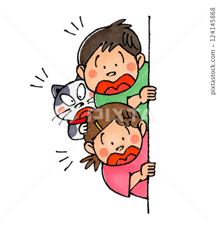 Child and cat peeking through the wall (surprised) 124145868