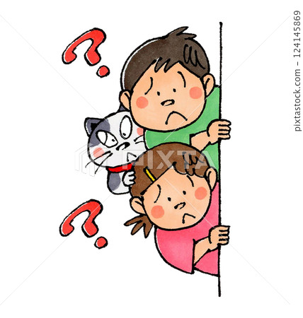 Child and cat peeking through the wall (questionable) 124145869