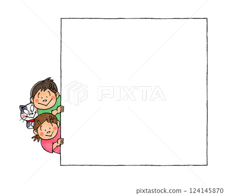Child and cat peeking through the wall frame 124145870