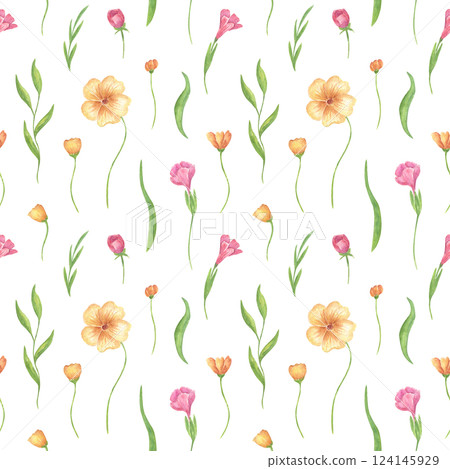 Watercolor seamless floral pattern with delicate summer, spring violets, pink and yellow flowers. Botanical design of meadow grasses for textiles, fabrics and wallpaper in rustic style. 124145929