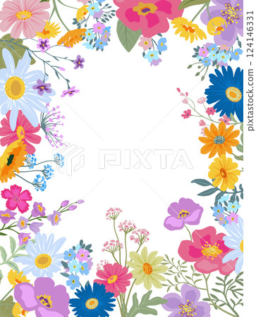Vector frame with colorful wildflowers. Elegant floral garland with forget-me-nots, chamomile, daisies. Vector frame with colorful wildflowers. Elegant floral garland with forget-me-nots, chamomile, daisies. 124146331