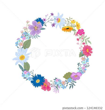 Vector wreath with colorful wildflowers. Elegant floral garland with forget-me-nots, chamomile, daisies. Vector wreath with colorful wildflowers. Elegant floral garland with forget-me-nots, chamomile, daisies. 124146332