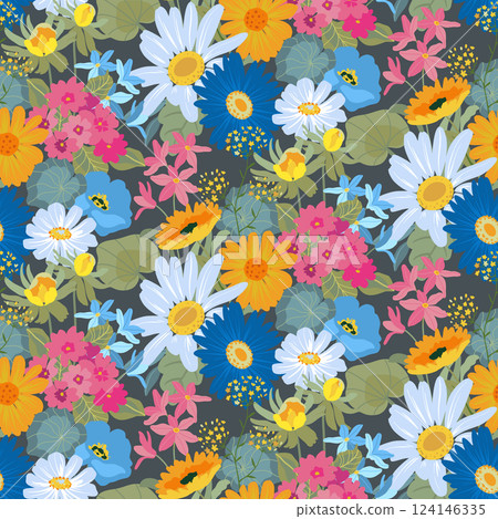 Vector seamless pattern with blooming meadow. Bright endless background with colorful wildflowers forget-me-nots, chamomile, daisies. 124146335