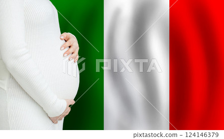 Pregnant woman belly against Italian flag background. Demographics and pregnancy in Italy concept Pregnant woman belly against Italian flag background. Demographics and pregnancy in Italy concept 124146379