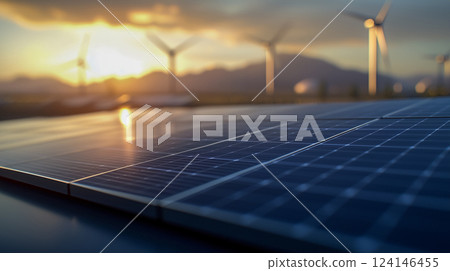 The future of renewable energy: glowing solar panels and wind power 124146455