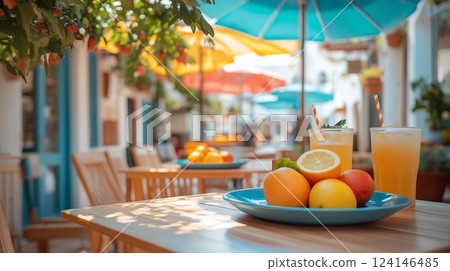 熱帶海灘露台上的果汁 124146485