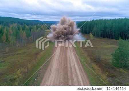 Aerial view of explosion on a dirt road in the middle of the forest. 124146534