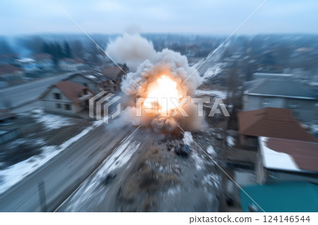Aerial view the explosion in a village in winter, motion blur effect. 124146544