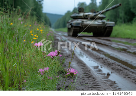 Tank on the road in the forest with a flower in the foreground 124146545