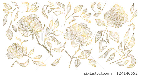 Vector set of gold line japanese, chinese flowers illustrations. Roses vintage elegant art, wedding ornament, asian botanical graphic. Vector set of gold line japanese, chinese flowers illustrations. Roses vintage elegant art, wedding ornament, asian botanical graphic. 124146552