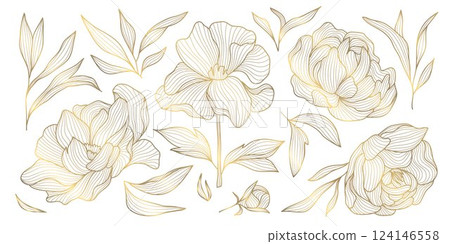 Vector set of gold line japanese, chinese flowers illustrations. Peonies vintage elegant art, wedding ornament, asian botanical graphic. Vector set of gold line japanese, chinese flowers illustrations. Peonies vintage elegant art, wedding ornament, asian botanical graphic. 124146558