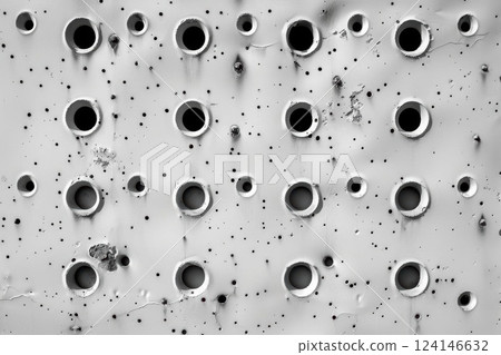 Industrial Aesthetic. Punched, drilled, and pierced with holes and openings, wall or building 124146632