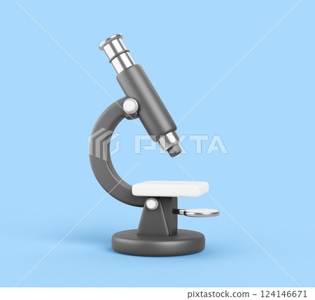 3d black lab microscope isolated on blue background. Render realistic icon of scientific laboratory equipment for microbiology, medical, chemistry or biology tests, sample analysis. 3D illustration 124146671