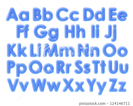 3d blue fur font, fluffy alphabet of uppercase and lowercase letters. English abc with hair texture for fun education kids. Fuzzy capital and small letters of soft wool felt render. 3D illustration 124146711